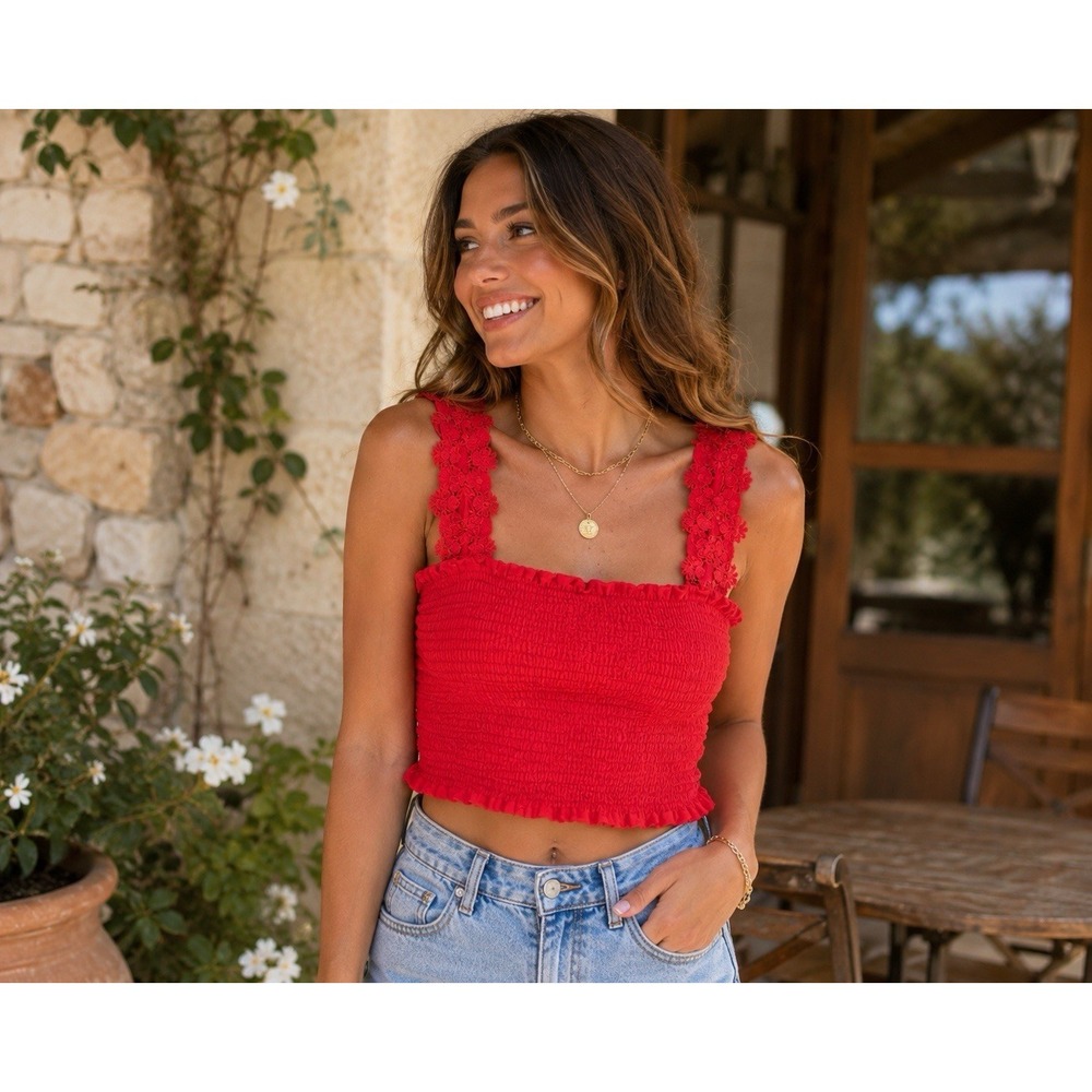 Peixoto Red Smocked Crop Top Shirred Blouse Size L Boho Coquette Fairy Grunge